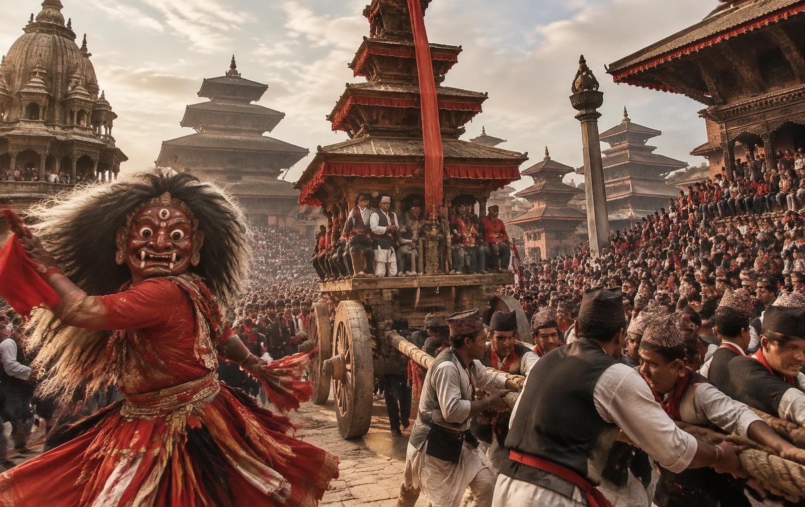 Temple silhouettes during a Newar festival